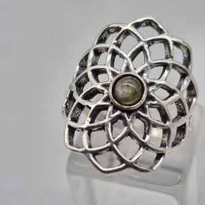 Blue Labradorite Crystal Mandala Silver Plated Ring, Blue Stone Adjustable Ring