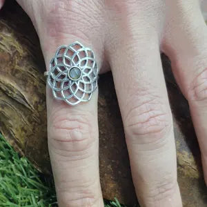 Blue Labradorite Crystal Mandala Silver Plated Ring, Blue Stone Adjustable Ring