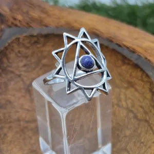 Chakra Symbol Lapis Lazuli Silver Plated Ring, Throat Chakra Crystal Ring