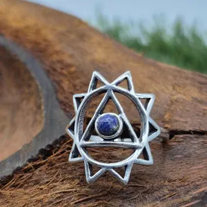 Chakra Symbol Lapis Lazuli Silver Plated Ring, Throat Chakra Crystal Ring