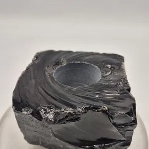 Black Obsidian Crystal Candle Holder - Rough Crystal Candle Tea Light, Obsidian Candle Stand