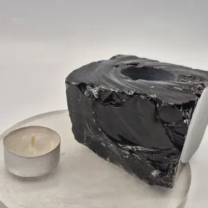 Black Obsidian Crystal Candle Holder - Rough Crystal Candle Tea Light, Obsidian Candle Stand