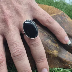 Black Obsidian Silver Plated Adjustable Ring, Crystal Ring for Him and for Her