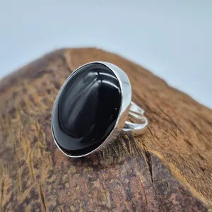 Black Obsidian Silver Plated Adjustable Ring, Crystal Ring for Him and for Her