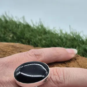 Black Obsidian Silver Plated Adjustable Ring, Crystal Ring for Him and for Her