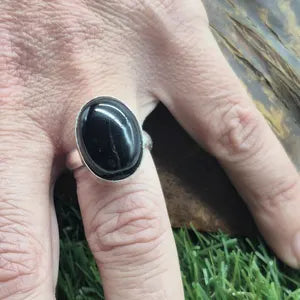 Black Obsidian Silver Plated Adjustable Ring, Crystal Ring for Him and for Her