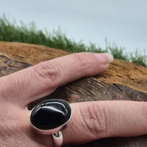 Black Obsidian Silver Plated Adjustable Ring, Crystal Ring for Him and for Her