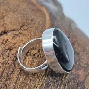 Black Obsidian Silver Plated Adjustable Ring, Crystal Ring for Him and for Her