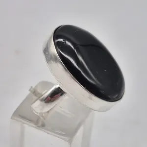 Black Obsidian Silver Plated Adjustable Ring, Crystal Ring