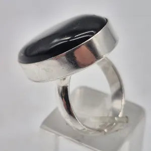 Black Obsidian Silver Plated Adjustable Ring, Crystal Ring