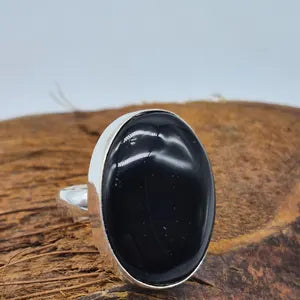 Black Obsidian Silver Plated Adjustable Ring, Crystal Ring