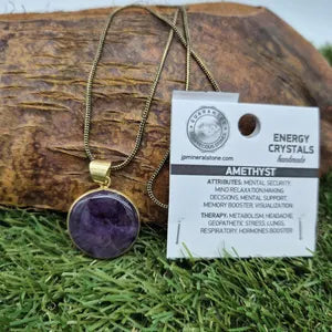Amethyst Crystal Dainty Brass Necklace with Brass Chain, Purple Stone Pendant for Him and Her