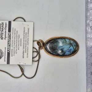 Big Blue Labradorite Brass Necklace with Brass Chain, Blue Crystal Necklace for Men and Women