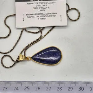 Lapis Lazuli Brass Bezel Necklace in Brass Chain, Blue Crystal Necklace for Men and Women