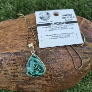 Amazing Malachite Brass Necklace with Brass Chain, Green Crystal Unisex Necklace