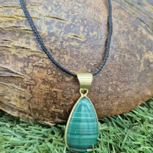 Malachite Brass Bezel Necklace in Black Cord