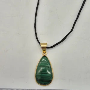 Malachite Brass Bezel Necklace in Black Cord