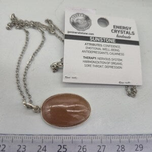 Sunstone Silver 925 Bezel Necklace with Steel Chain,Crystal Necklace for Him and for Her