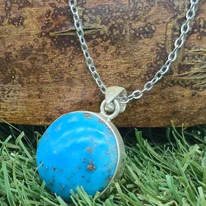 Authentic Natural Turquoise Silver Necklace with Steel Chain