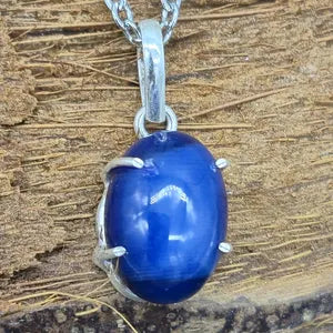 Blue Star Sapphire Silver 925 Bezel Necklace with Steel Chain, Gemstone Necklace for Him and for Her