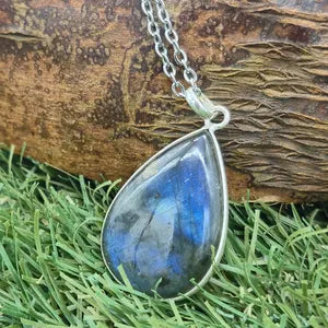 Blue Labradorite Silver Bezel Necklace with Steel Chain