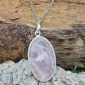 Rose Quartz Sterling Silver Bezel Necklace in Steel Chain, Birthstone Necklace Gift for Him and Her