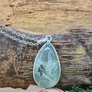 Prehnite Pendant Necklace with Green Tourmaline Inclusions in Silver Bezel with Steel Chain