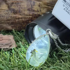 Prehnite Pendant Necklace with Green Tourmaline Inclusions in Silver Bezel with Steel Chain