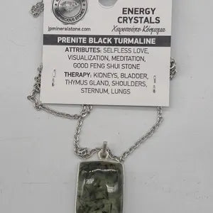 Prehnite Pendant Necklace with Green Tourmaline Inclusions in Silver Bezel with Steel Chain