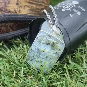 Prehnite Pendant Necklace with Green Tourmaline Inclusions in Silver Bezel with Steel Chain