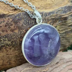 Amethyst Pendant Necklace in Silver Bezel with Steel Chain