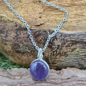 Amethyst Pendant Necklace in Silver Bezel with Steel Chain