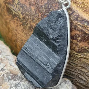 Raw Black Tourmaline Pendant Necklace in Silver Bezel with Steel Chain