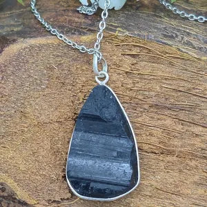 Raw Black Tourmaline Pendant Necklace in Silver Bezel with Steel Chain