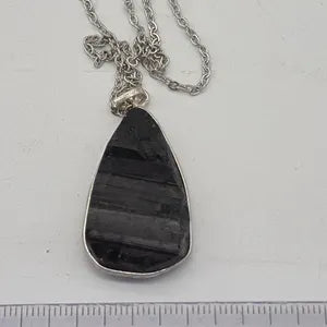 Raw Black Tourmaline Pendant Necklace in Silver Bezel with Steel Chain