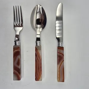 Handcrafted Natural Brown Agate Brazilian Cutlery Set with Stainless Steel