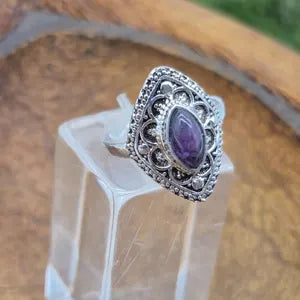 Amethyst Ethnic Silver Plated Ring, Purple Crystal Adjustable Ring for Women