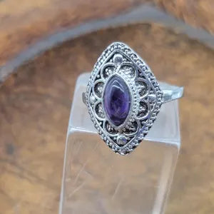 Amethyst Ethnic Silver Plated Ring, Purple Crystal Adjustable Ring for Women