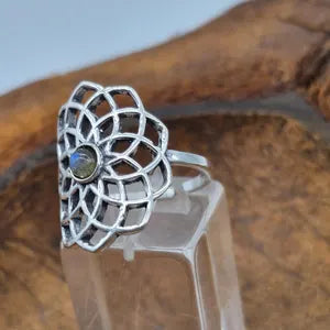 Blue Labradorite Crystal Mandala Silver Plated Ring, Blue Stone Adjustable Ring