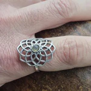 Blue Labradorite Crystal Mandala Silver Plated Ring, Blue Stone Adjustable Ring