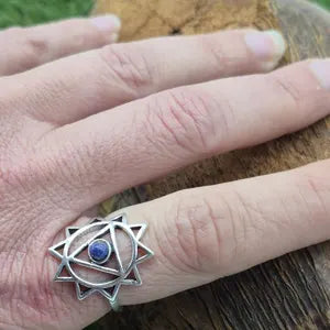 Chakra Symbol Lapis Lazuli Silver Plated Ring, Throat Chakra Crystal Ring