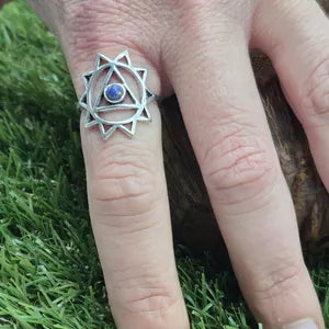 Chakra Symbol Lapis Lazuli Silver Plated Ring, Throat Chakra Crystal Ring