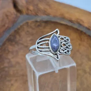 Hamsa Silver Plated Ring with Lapis Lazuli, Adjustable Ring Hand of Fatima, Evil Eye Protection Ring