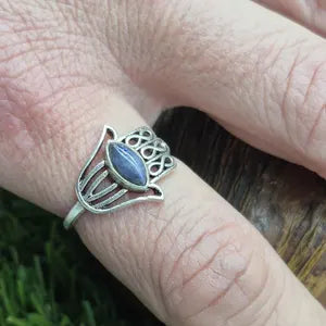 Hamsa Silver Plated Ring with Lapis Lazuli, Adjustable Ring Hand of Fatima, Evil Eye Protection Ring