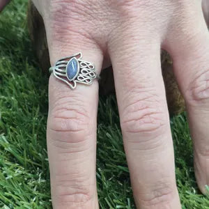 Hamsa Silver Plated Ring with Lapis Lazuli, Adjustable Ring Hand of Fatima, Evil Eye Protection Ring
