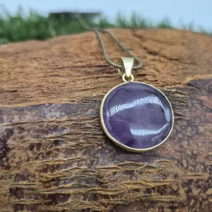Amethyst Crystal Dainty Brass Necklace with Brass Chain, Purple Stone Pendant for Him and Her