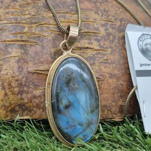 Big Blue Labradorite Brass Necklace with Brass Chain, Blue Crystal Necklace for Men and Women