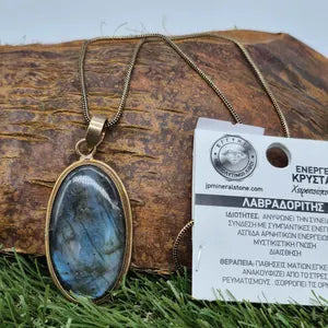 Big Blue Labradorite Brass Necklace with Brass Chain, Blue Crystal Necklace for Men and Women