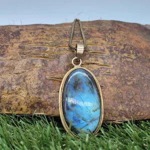 Big Blue Labradorite Brass Necklace with Brass Chain, Blue Crystal Necklace for Men and Women