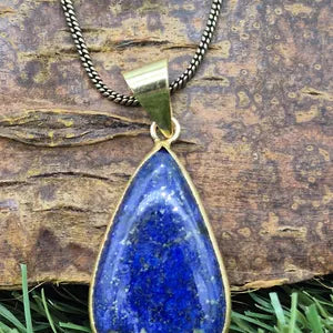 Lapis Lazuli Brass Bezel Necklace in Brass Chain, Blue Crystal Necklace for Men and Women